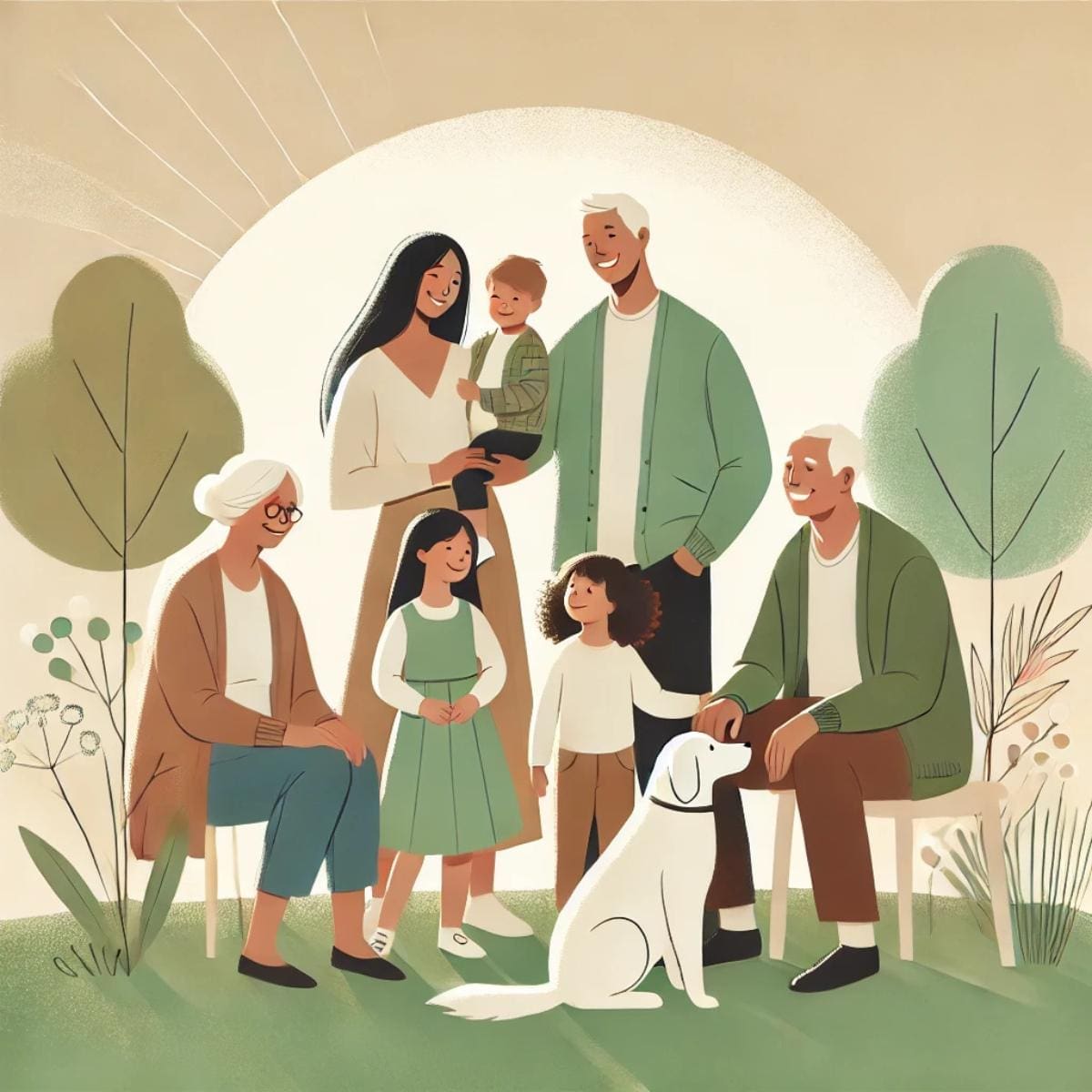 An AI generated image of a multigenerational family image featuring grandparents, parents, a child, and a dog.