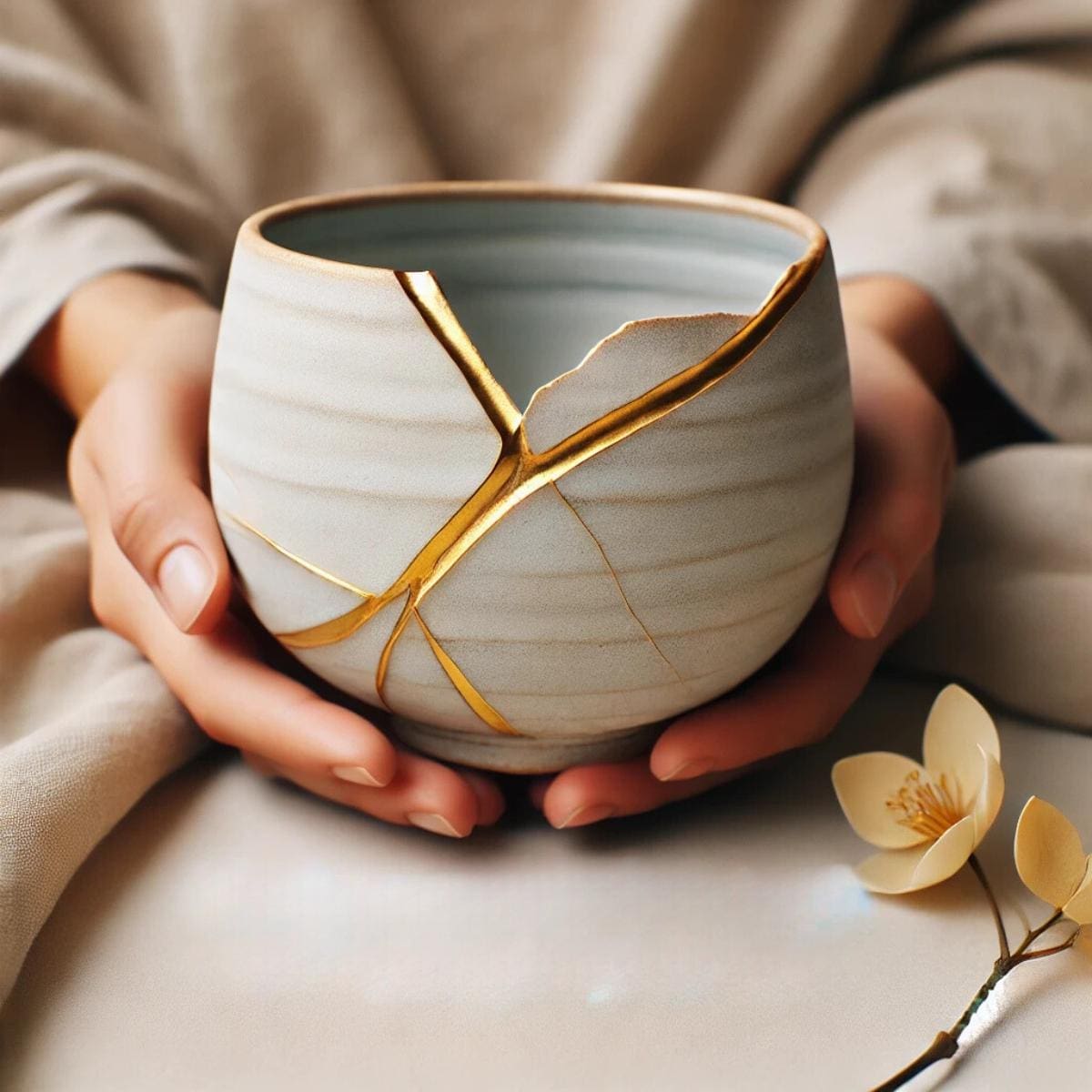 An AI generated image of hands gently holding a ceramic bowl repaired with golden seams, illustrating the Japanese art of Kintsugi. The gold lines highlight the cracks, symbolizing the beauty of embracing imperfections. The background is soft and neutral, creating a calming and reflective atmosphere.