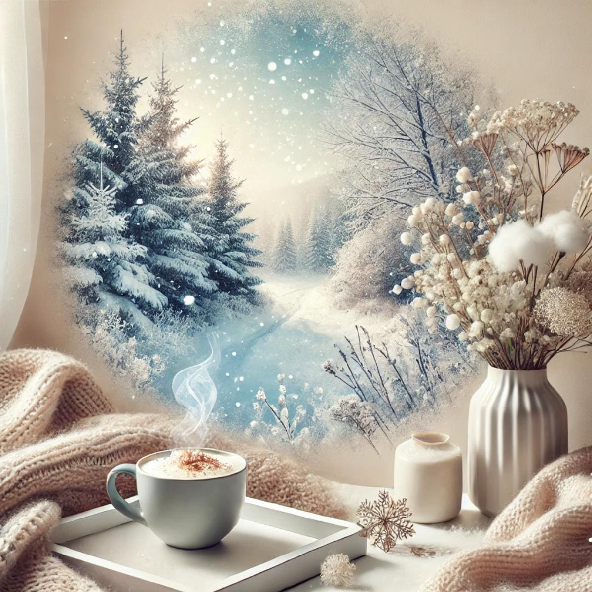 A peaceful winter scene blending a cozy indoor space with a warm beverage and a snowy outdoor landscape, reflecting serenity and calm.