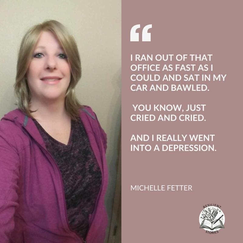 An image of Michelle, with a quote from her on it about that first dermatologist visit for her Alopecia. It reads, "I ran out of that office as fast as I could and sat in my car and bawled. You know, just cried and cried. And I really went into a depression."