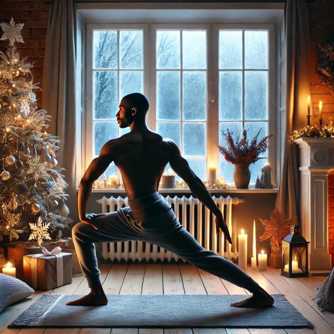 AI-image of African-American male doing yoga in front of Christmas tree to demonstrate self care as a way to manage holiday stress