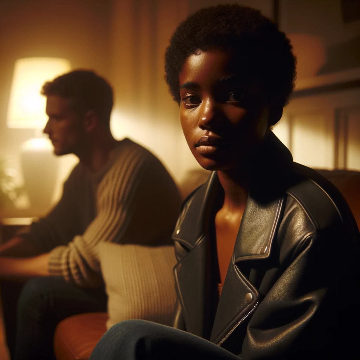 Black woman and white man on a couch looking unhappy