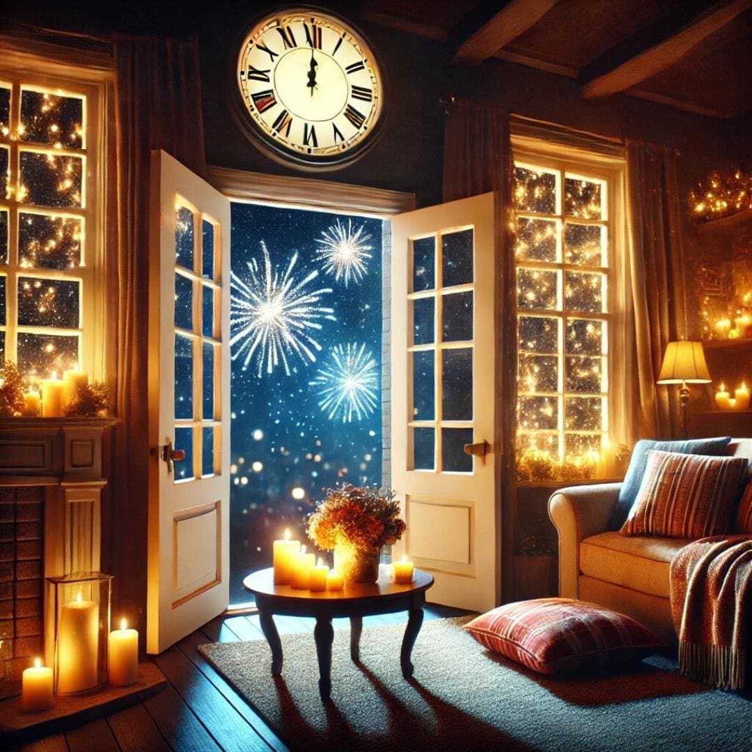 AI-generated image capturing the new years superstitions ritual of opening doors and windows at midnight, symbolizing the release of bad spirits and welcoming good luck.