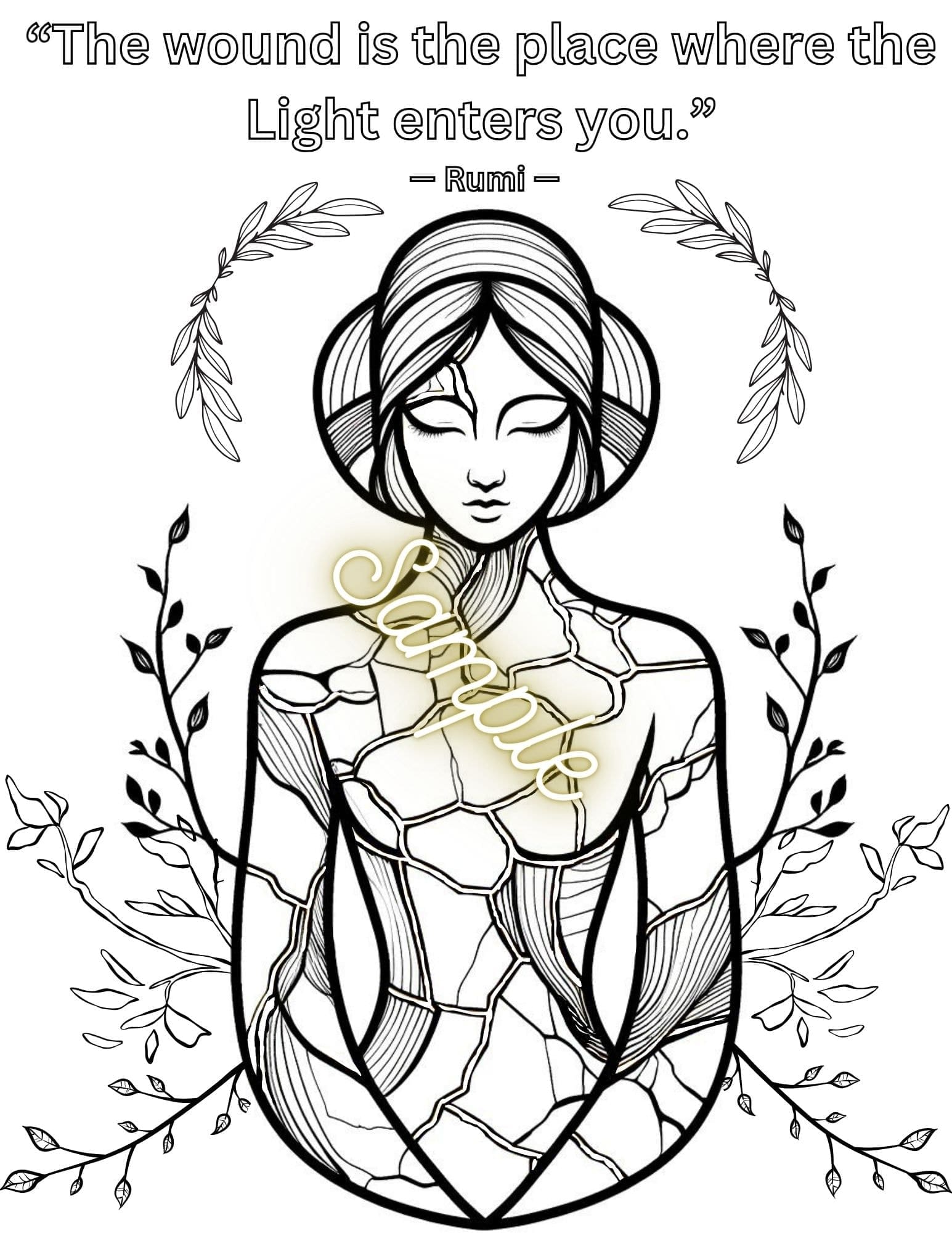 An image of one of our coloring sheets from our Kintsugi coloring set. It has the trauma quote, "The wound is the place where the light enters you," on it.