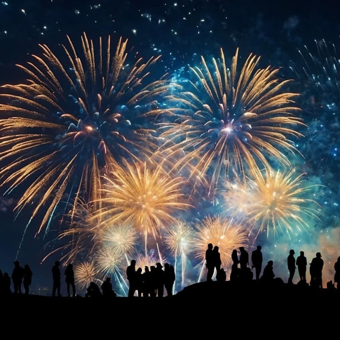 Photo of silhouettes of people standing on a hillside watching new years eve fireworks. 