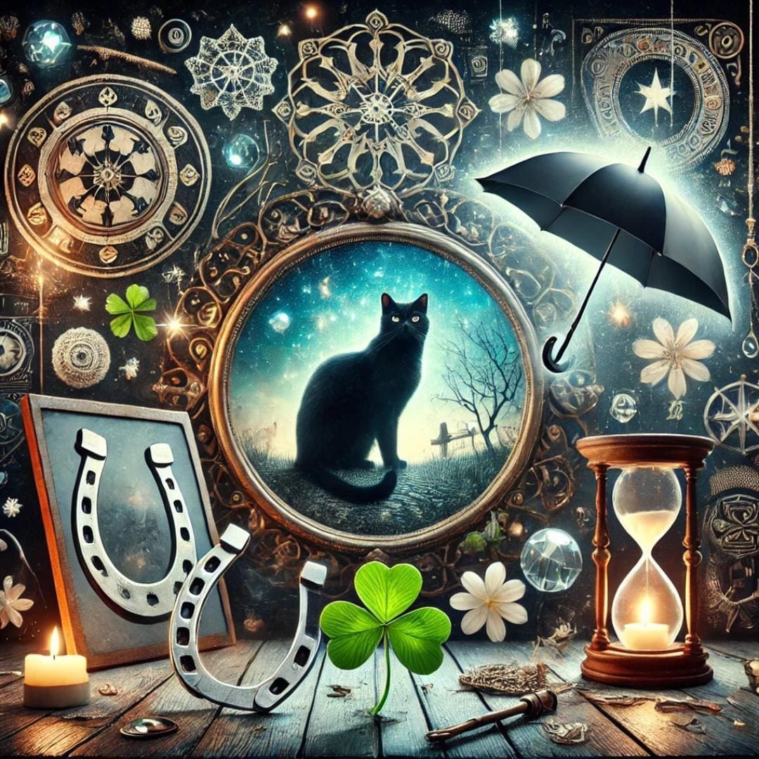 Ai-generated image that visually represents various cultural superstitions, blending iconic symbols (such as a black cat, an umbrella, a horseshoe, a four-leaf clover) with a mystical and magical atmosphere.