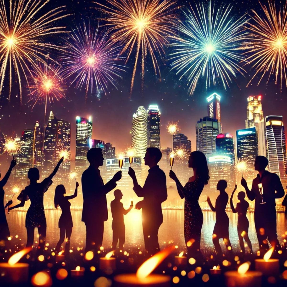 An AI generated image of a vibrant and lively scene, capturing the energy of an outdoor New Year’s Eve celebration.