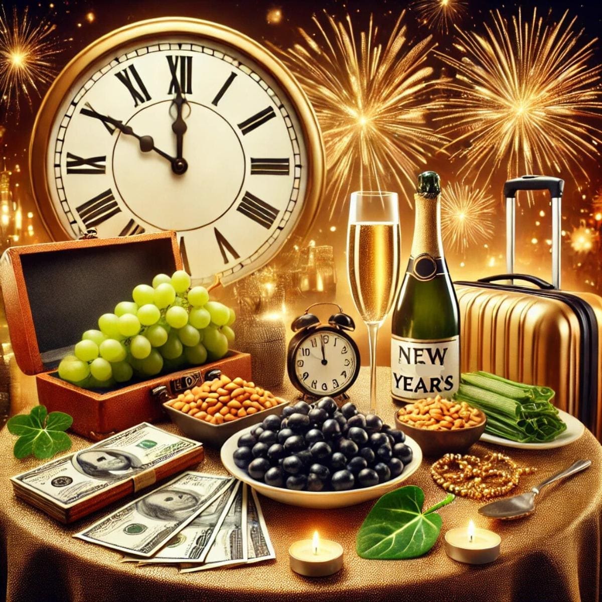 AI-generated image of a new years eve banquet table complete with champagne, grapes, cash, black-eyed peas, and clocks about to strike twelve.