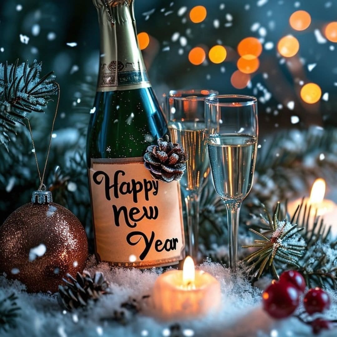 AI-generated image of a champagne bottle and two full champagne glasses in the snow next to evergreen boughs and holly. The bottle reads "happy new year" 