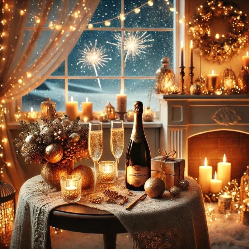 An AI generated image of a cosy table for two in front of a window with fireworks outside, and a fireplace with candles in the hearth. There are gold ornaments and flower arrangements, all in celebration of the New Year.