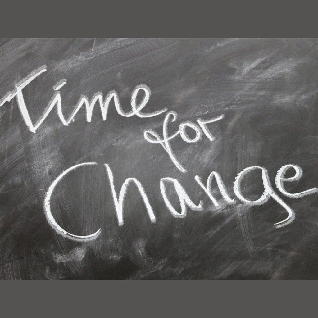 Picture of a blackboard with chalk writing "time for change" aligning with the new year new me mindset. 