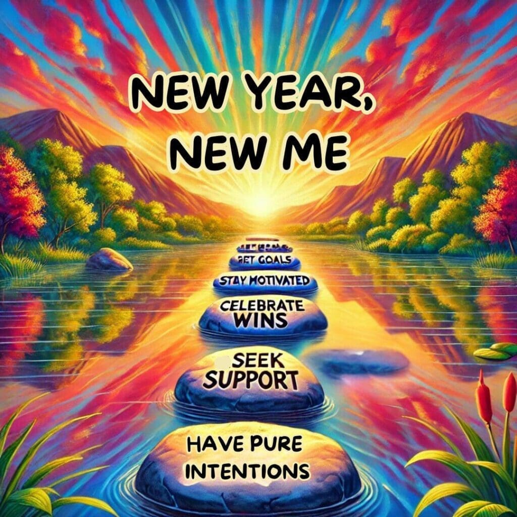 AI-generated image of a brightly-colored sunrise over a stream with stepping stones throughout. Each stone has a positive affirmation for the new year, new me mindset,