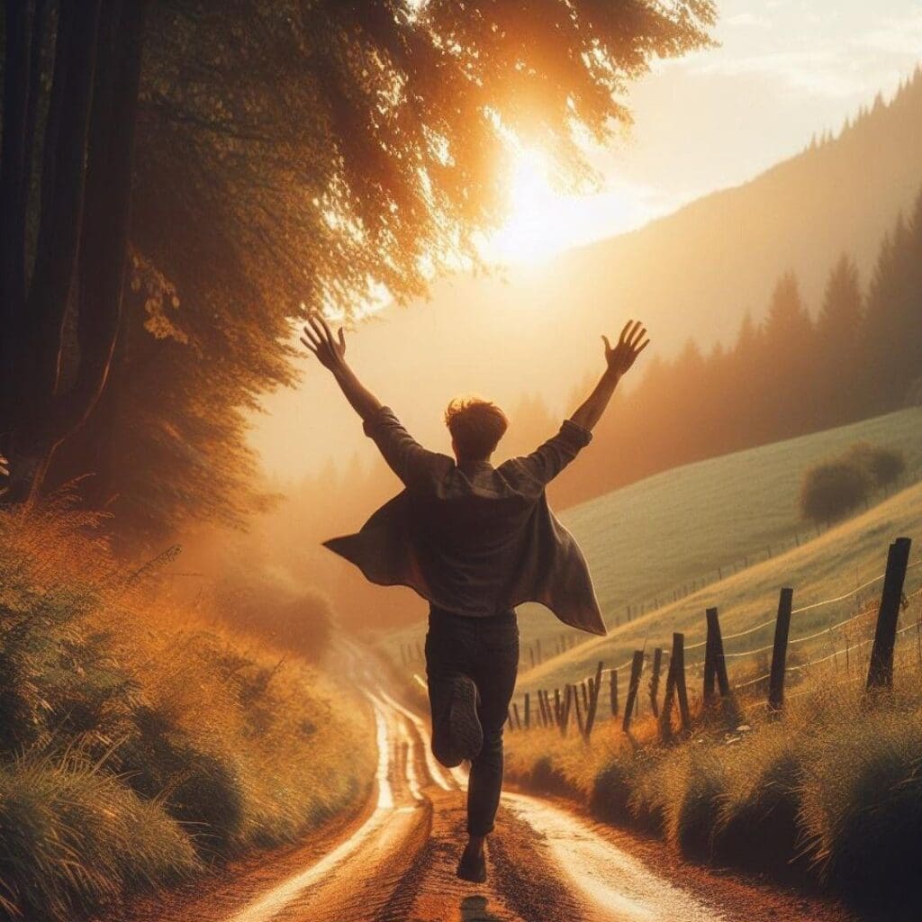 AI-generate image of a young man running excitedly down a country path at dusk with arms in the air in a exuberant state. 