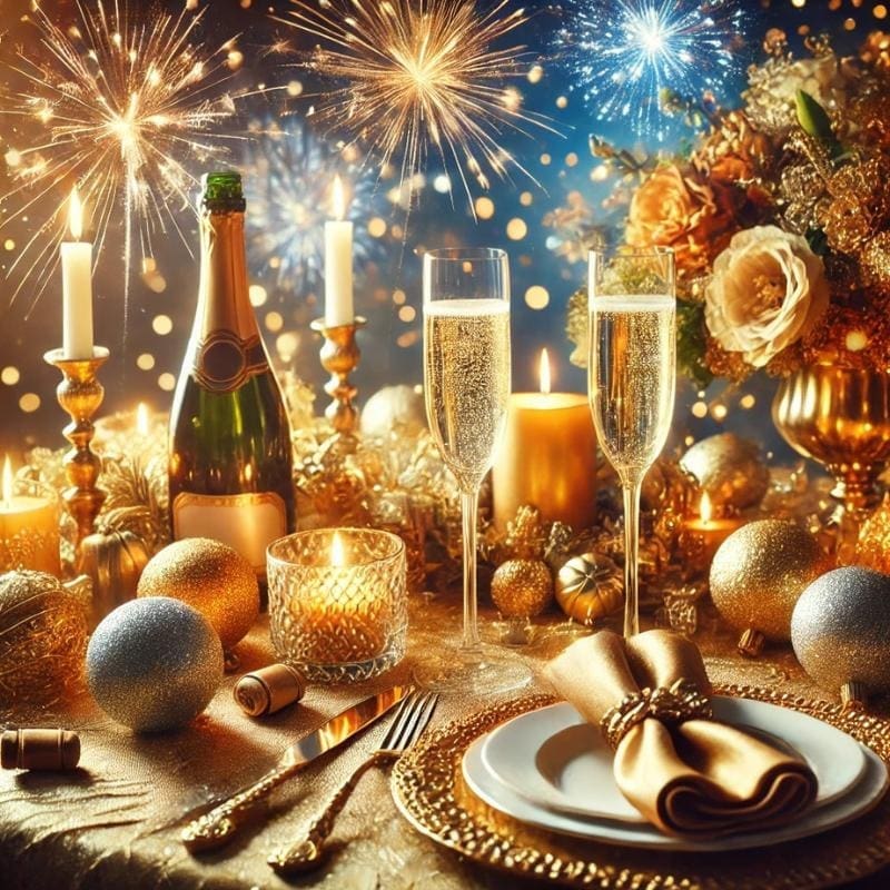 An AI generated image of a fancy New Year party set up. There are gold plates, ornaments, champagne, flowers, and other decorative things. Fireworks are going off in the background.